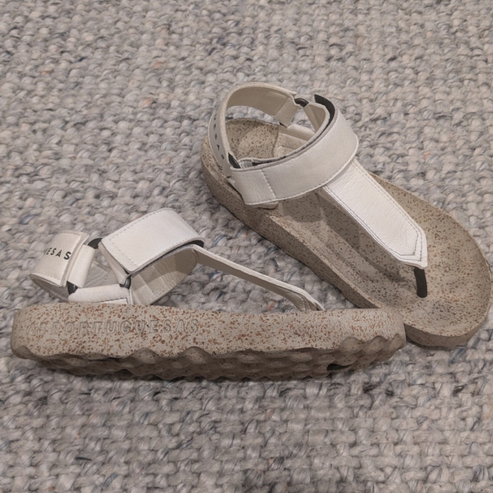 As Portuguesas : Cork Sole FIZZ White Sandal with Velcro Strap 36